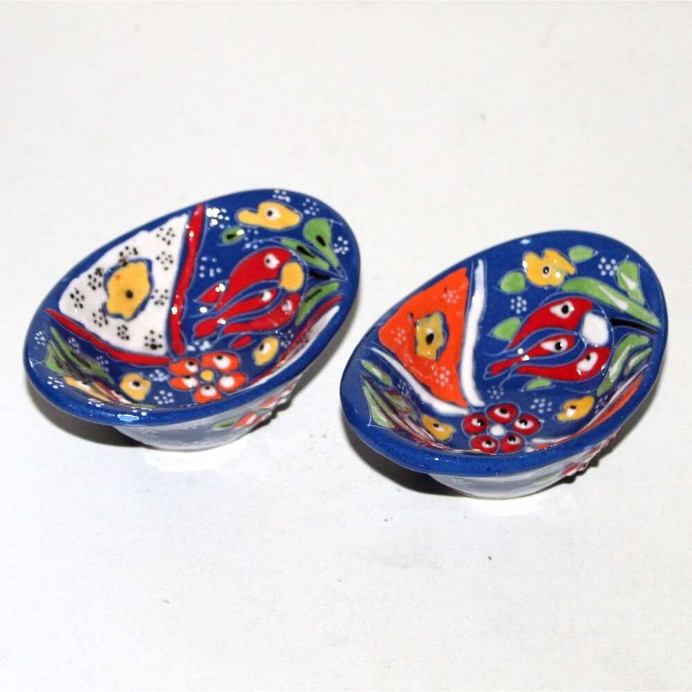 2 small Hand Made Turkish Serving Bowl condiments dish cobalt blue floral